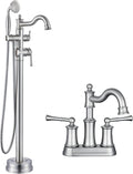 Roman Bathroom Faucet Set, Centerset Sink Faucet 2 Hole with Pop Up Drain, Free Standing Tub Faucet Filler with High Pressure Handheld Shower, Brushed Nickel