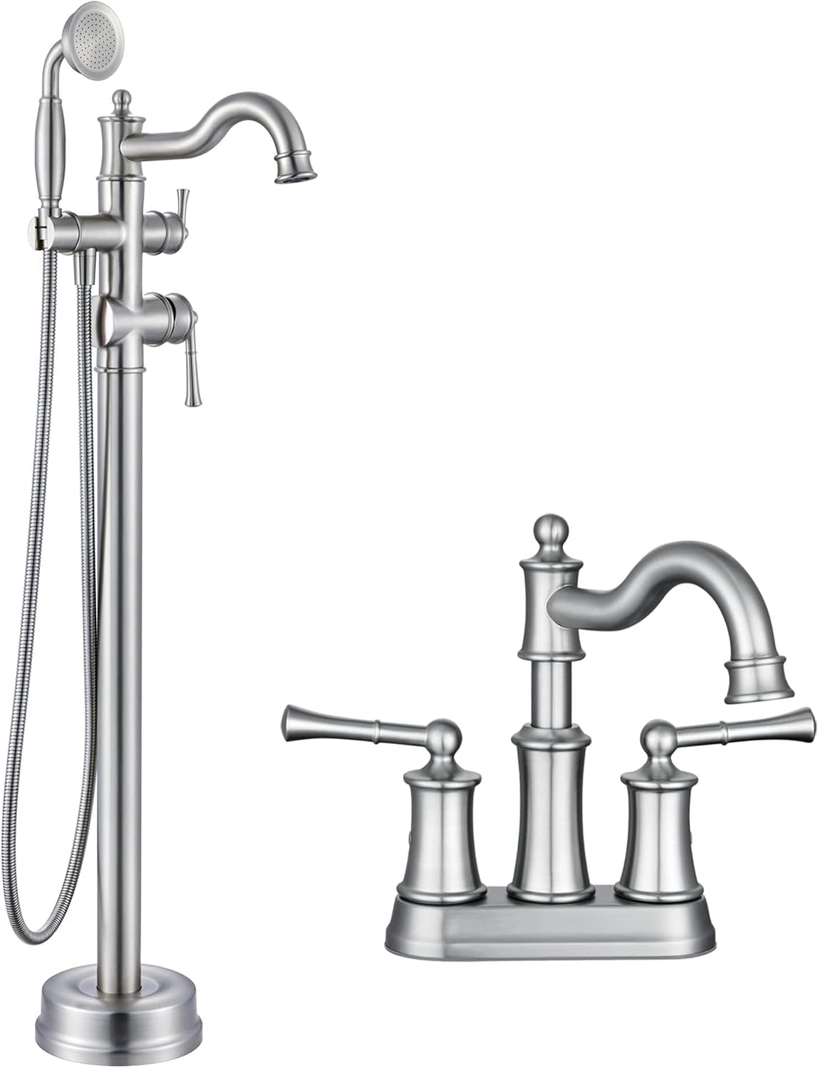 Roman Bathroom Faucet Set, Centerset Sink Faucet 2 Hole with Pop Up Drain, Free Standing Tub Faucet Filler with High Pressure Handheld Shower, Brushed Nickel