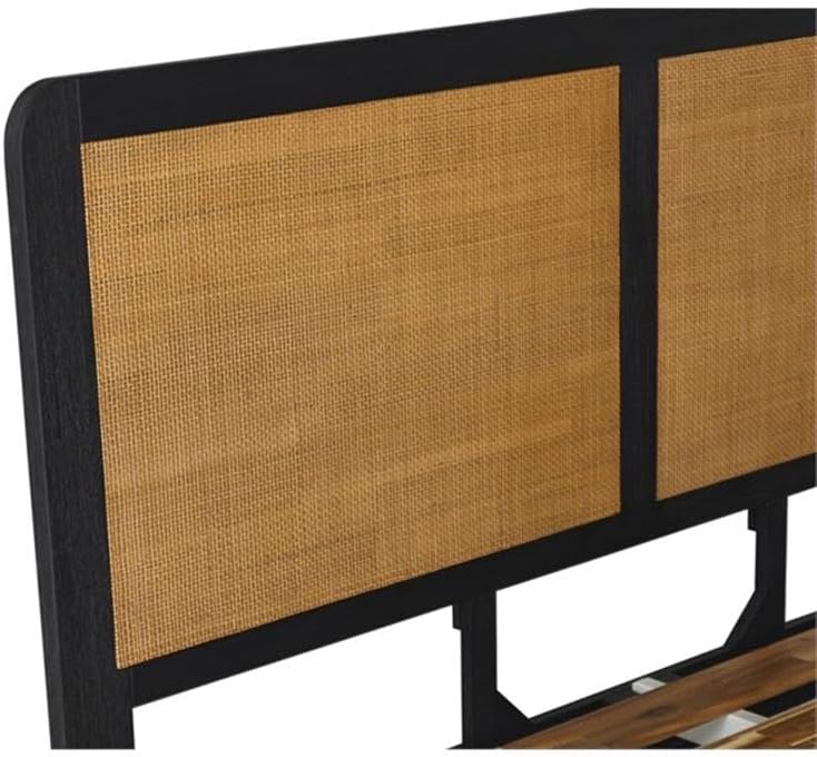 Armen Living Saratoga 3 Piece Queen Bedroom Set in Black Acacia Wood and Rattan