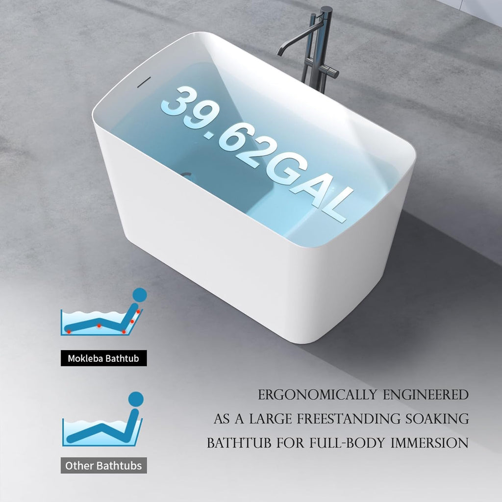 47' Lucite Acrylic Freestanding Bathtub，Square Shape Japanese Soaking Tub with Seat Desgin,Toe-tap Chrome Right Drain, Slotted Overflow, cUPC Certified,Glossy White