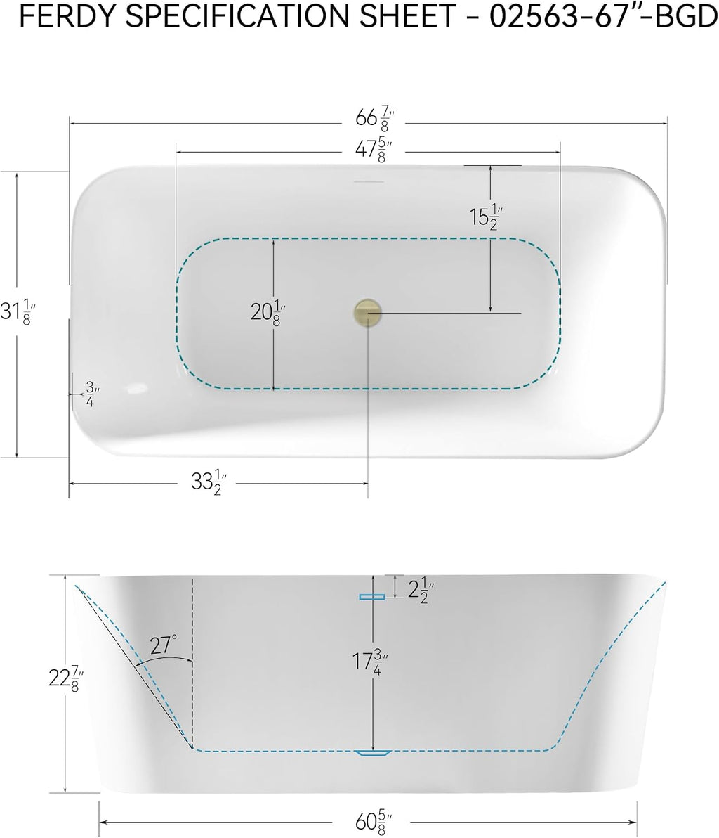 FerdY Maui 67' Acrylic Freestanding Bathtub, Contemporary Elegant Design Soaking Tub with Brushed Gold Drain and Minimalist Linear Design Overflow, Easy to Install