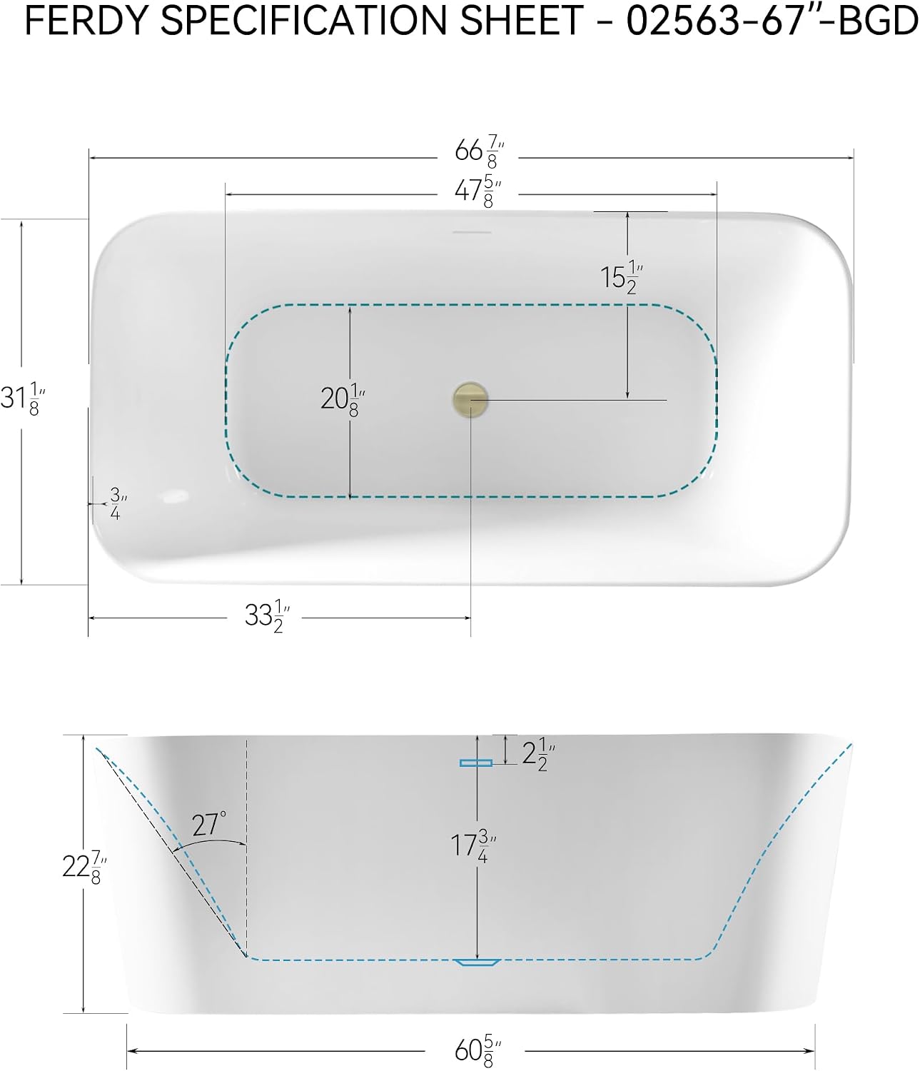 FerdY Maui 67' Acrylic Freestanding Bathtub, Contemporary Elegant Design Soaking Tub with Brushed Gold Drain and Minimalist Linear Design Overflow, Easy to Install