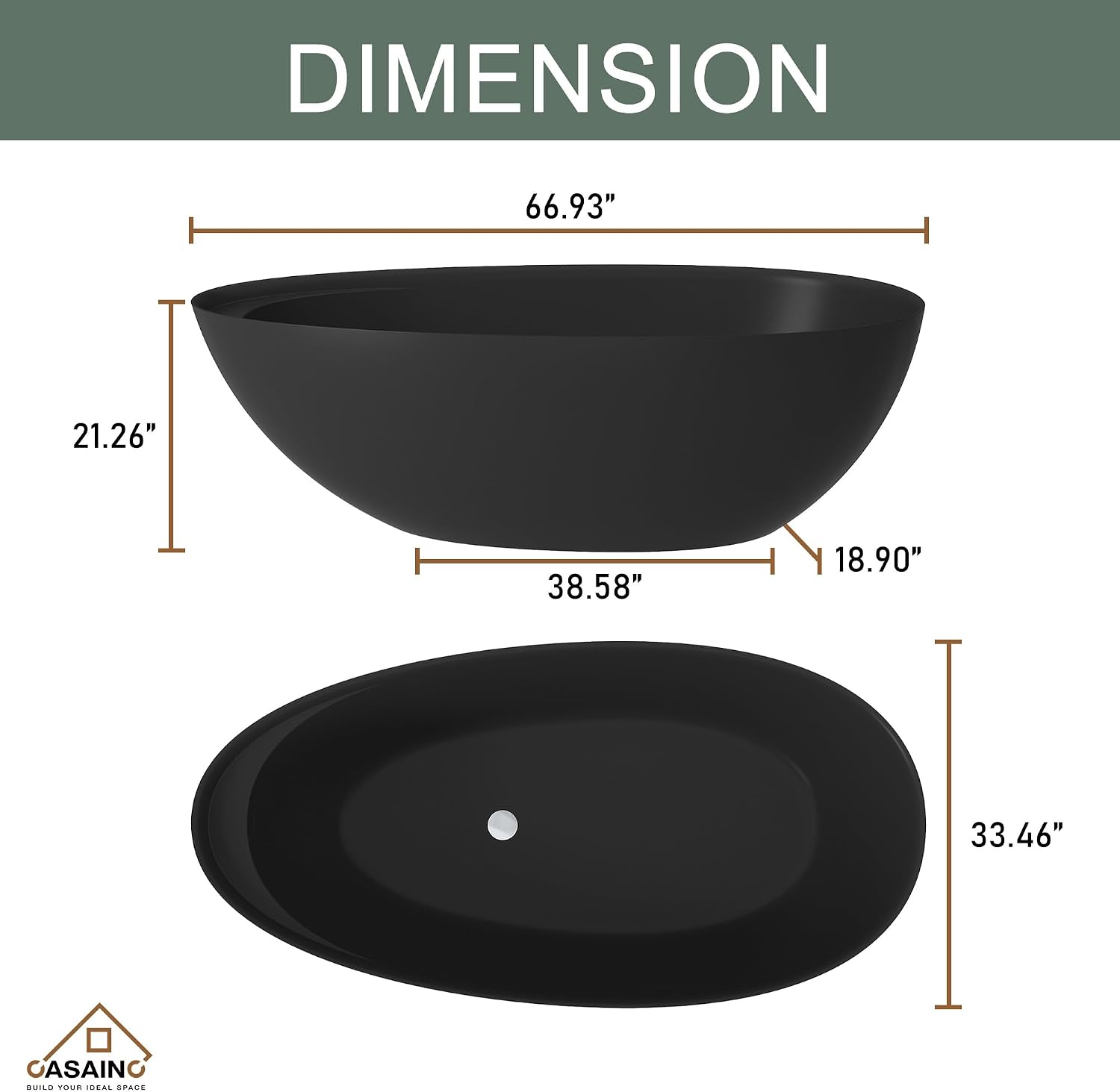 CASAINC 67' Free Standing Tub, Matte Black Stone Resin Freestanding Tub Large Space Solid Surface Soaking Tub with Drain, Drain Hose & Sanding Paper
