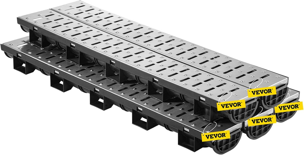 VEVOR Trench Drain System 5 Pack, Channel Drain with Metal Grate 5.7 x 3.1 in HDPE Drainage Trench, Black Plastic Garage Floor Waterway 5 x 39 in with 5 End Caps for Garden Driveway