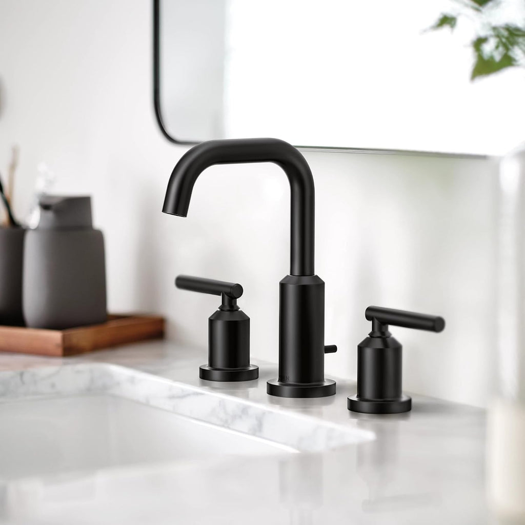 Moen Gibson Two-Handle High Arc Widespread Modern Bathroom Sink Faucet for 3-Hole Setups with Valve Included, Matte Black, TV6142BL