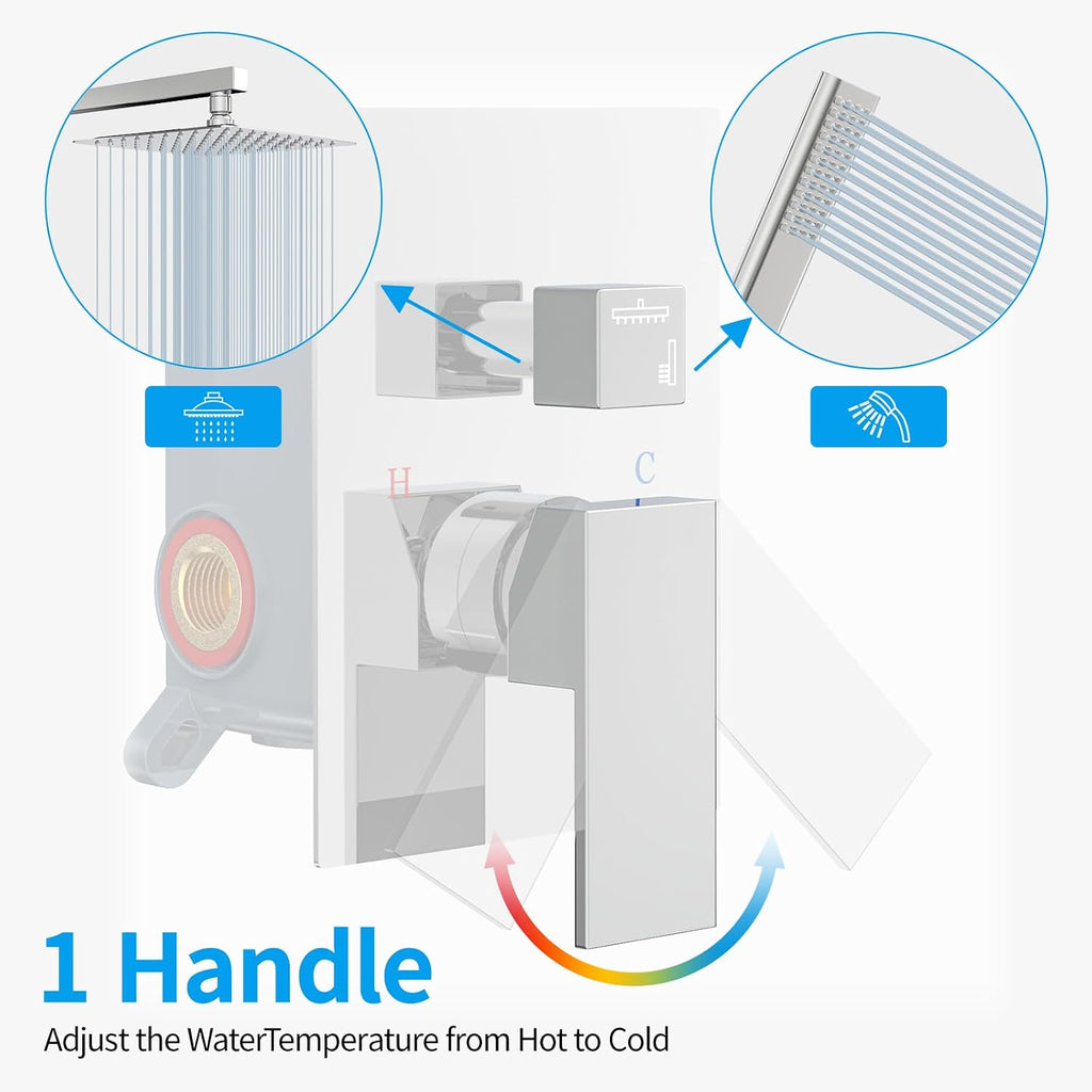 EMBATHER Shower System,10 Inch High Pressure Wall Mounted Square Shower Faucet Set Complete With Handheld And Valve,Chrome Polished