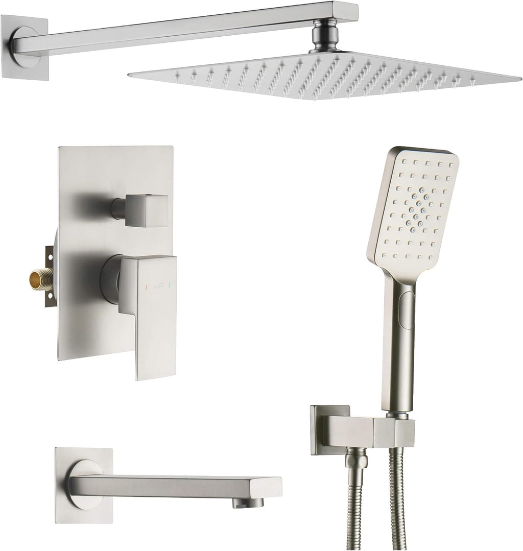 KIBI Shower System with Valve, 3-Function Wall Mounted Shower Faucet Set – Solid Brass Pressure Balanced Shower System with Handheld Shower, 15 Inch Shower Arm, Brushed Nickel (KSF406)
