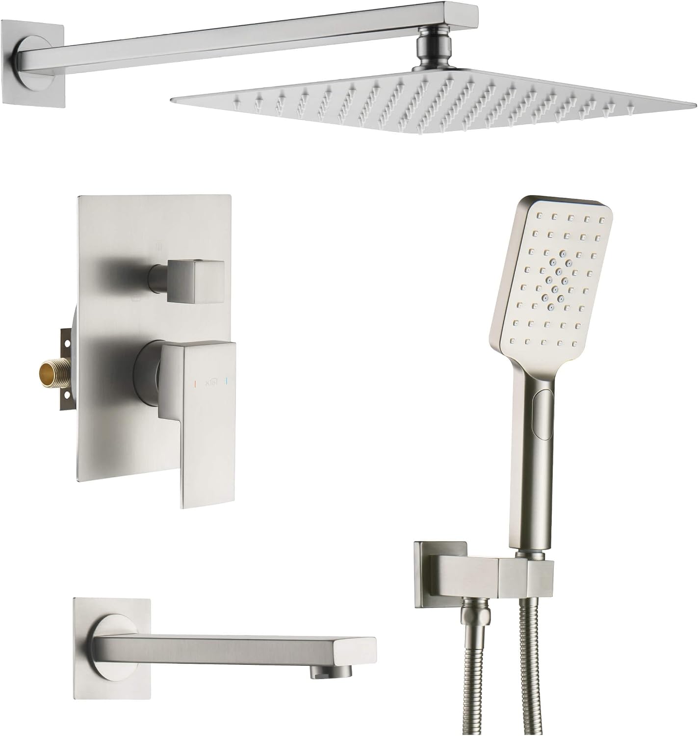 KIBI Shower System with Valve, 3-Function Wall Mounted Shower Faucet Set – Solid Brass Pressure Balanced Shower System with Handheld Shower, 15 Inch Shower Arm, Brushed Nickel (KSF406)