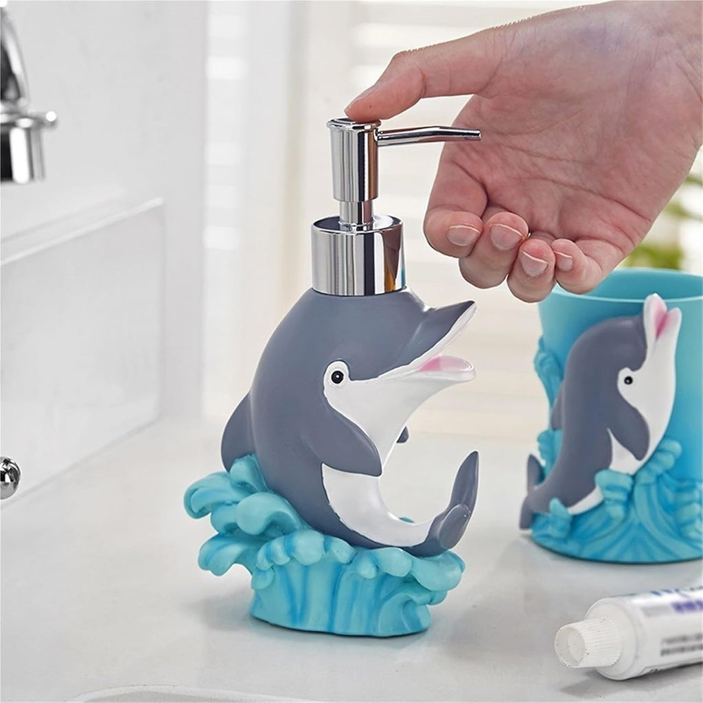 Bathroom Accessories Set, 5-Piece Blue Dolphin Soap Dispenser, Toothbrush Holder, Soap Dish, 2 Tumblers Bath Set