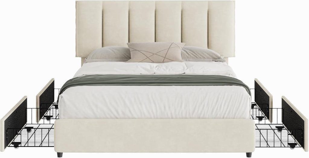 VECELO Queen Size Bed Frame with 4 Storage Drawers, Adjustable Height Headboard, Heavy-Duty Platform Bedframe with Strong Wooden Slats, No Box Spring Needed, Pale Beige
