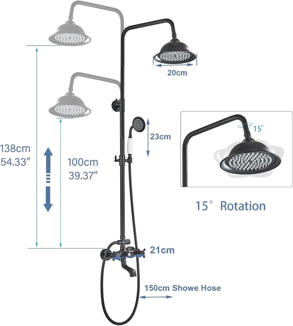 Shower System Matte Black Outdoor Shower Fixtures with 8 Inch Shower Head Handheld Spray and Tub Spout 2 Cross Handles Wall Mounted Shower Faucet Set for Bathroom or Backyard