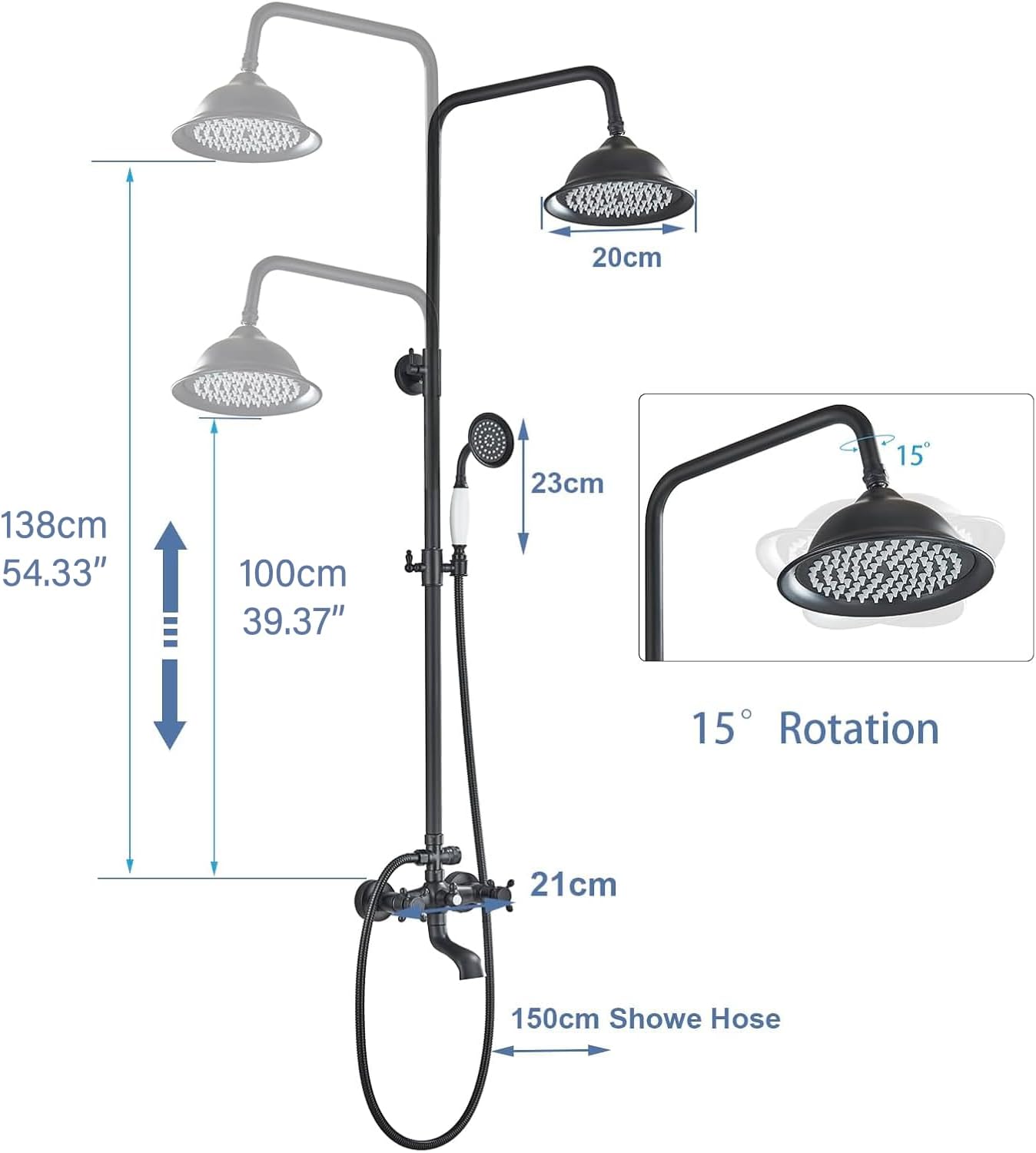 Shower System Matte Black Outdoor Shower Fixtures with 8 Inch Shower Head Handheld Spray and Tub Spout 2 Cross Handles Wall Mounted Shower Faucet Set for Bathroom or Backyard