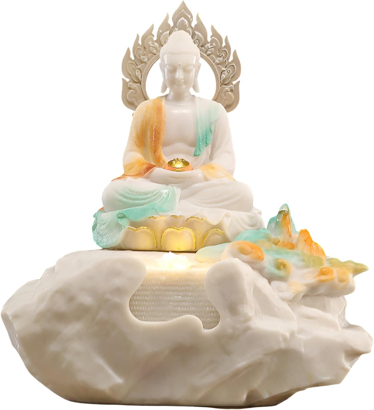 Zen Buddha Tabletop Fountain with LED Lights & Crystal Accents – Indoor Meditation Waterfall Feature with Cascading Water for Home, Office, Living Room or Bedroom – Free 10 Free Crystals (Style 2)