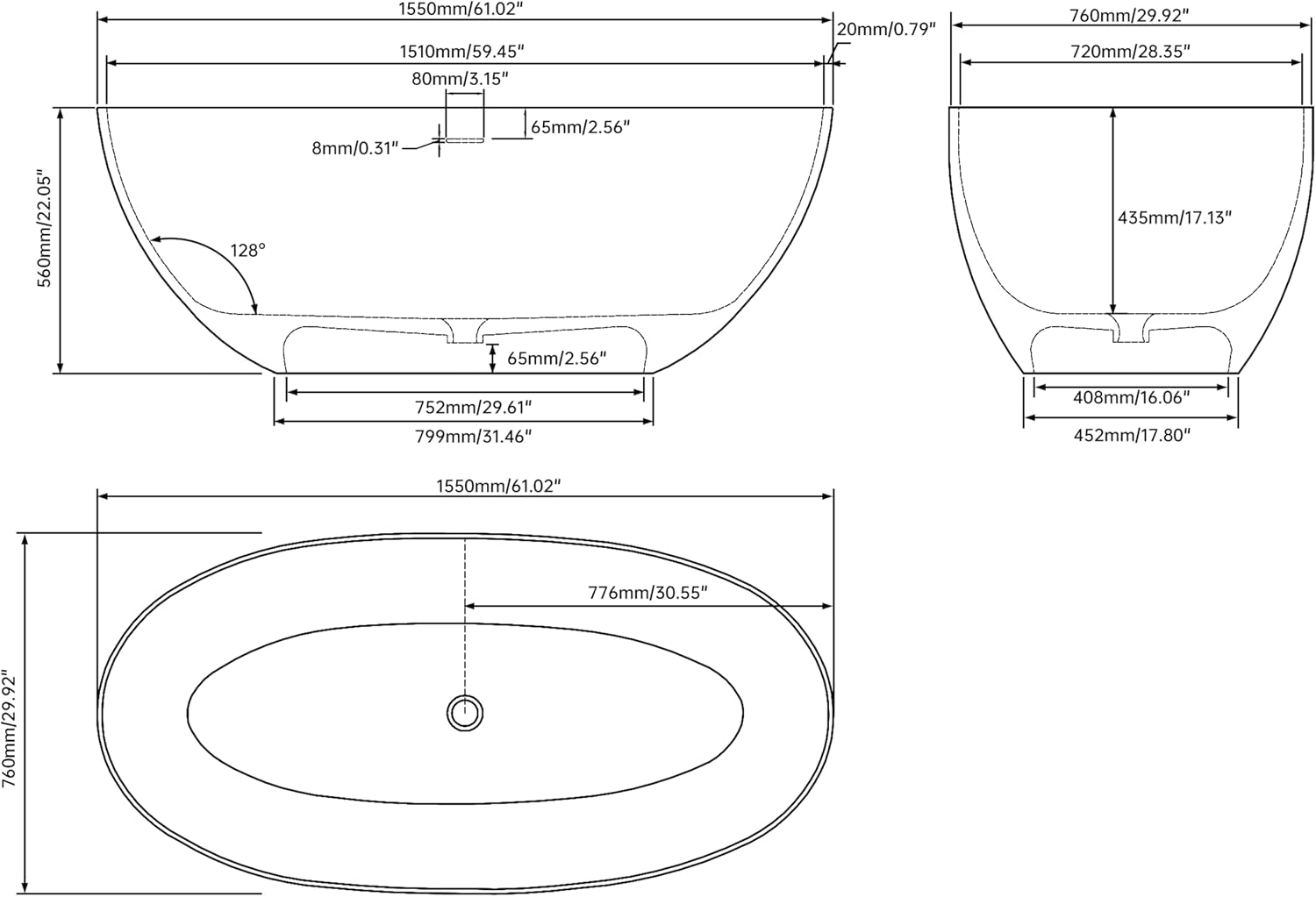 61' Stone Resin Freestanding Bathtub, Oval Solid Surface Bathroom Freestanding Tub, Thin Edge Stand Alone Tub with Integrated Slotted Overflow and Pop-up Drain, Matte Black 303-1550