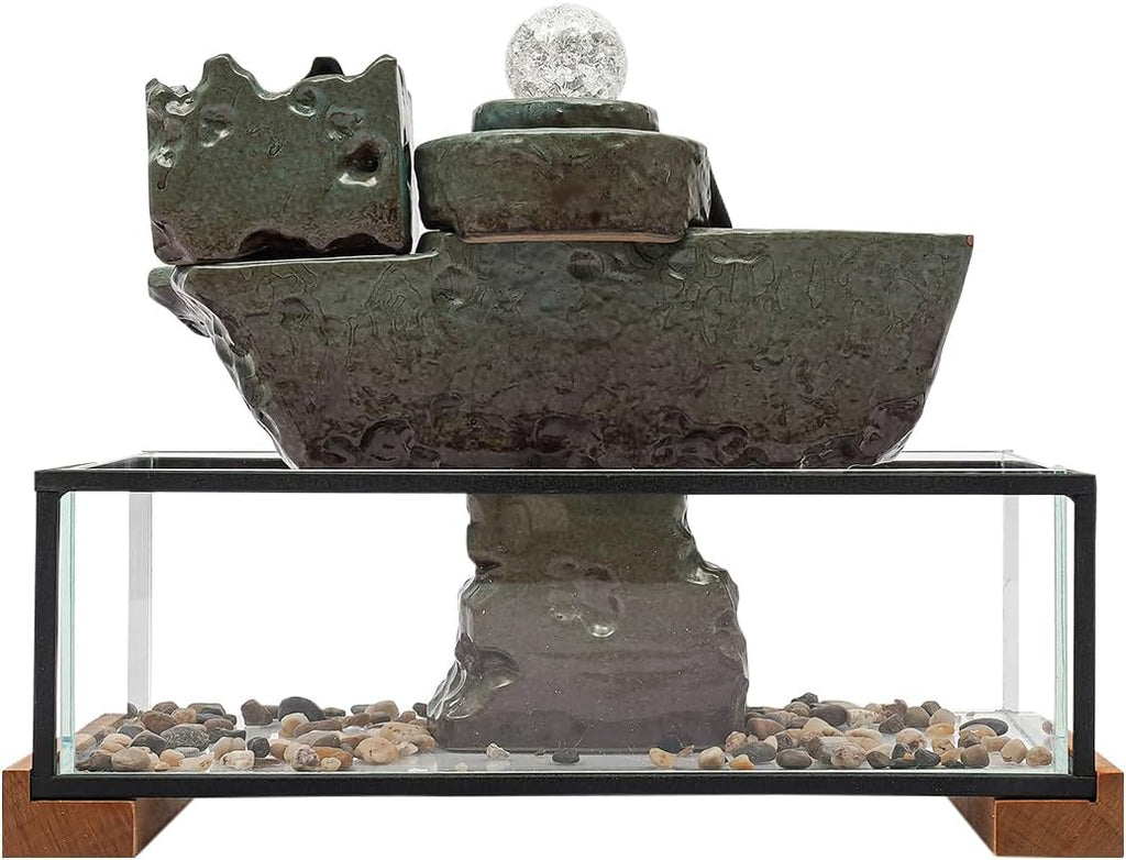 Tabletop Eco Fish Tank Water Fountains, Indoor Waterfall Decoration with Mist, Crystal Ball for Meditation, Desk Fountain with Pump & Colorful LED Atomizer for Feng Shui Wealth Boom
