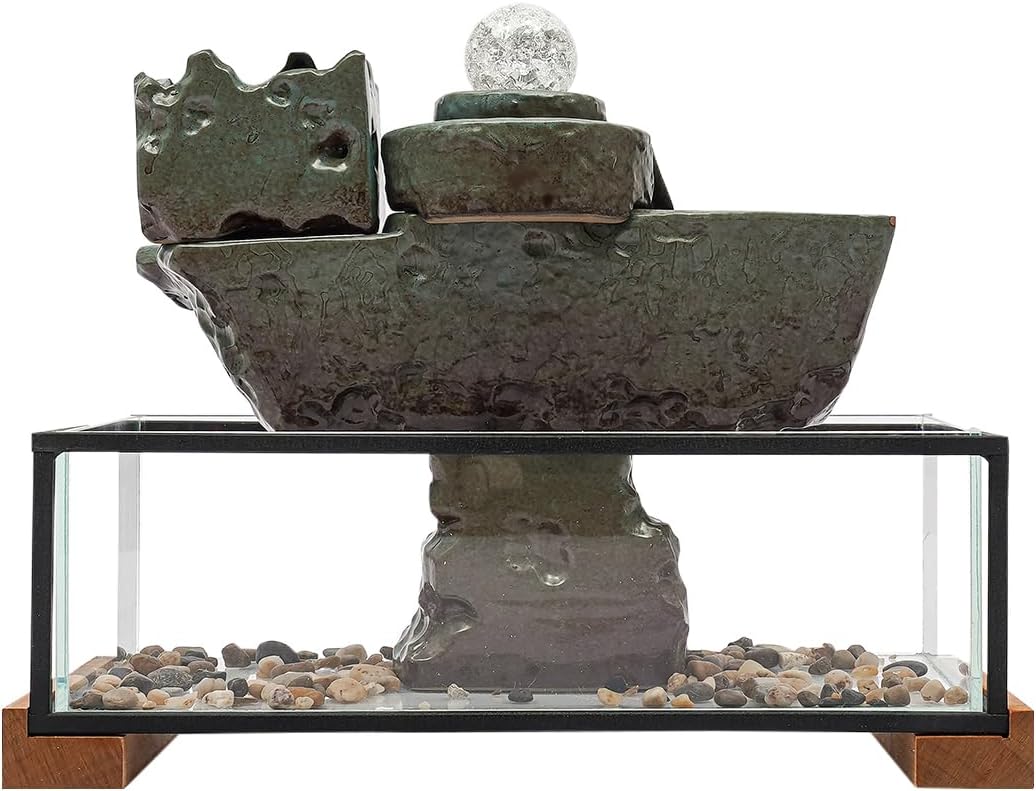 Tabletop Eco Fish Tank Water Fountains, Indoor Waterfall Decoration with Mist, Crystal Ball for Meditation, Desk Fountain with Pump & Colorful LED Atomizer for Feng Shui Wealth Boom