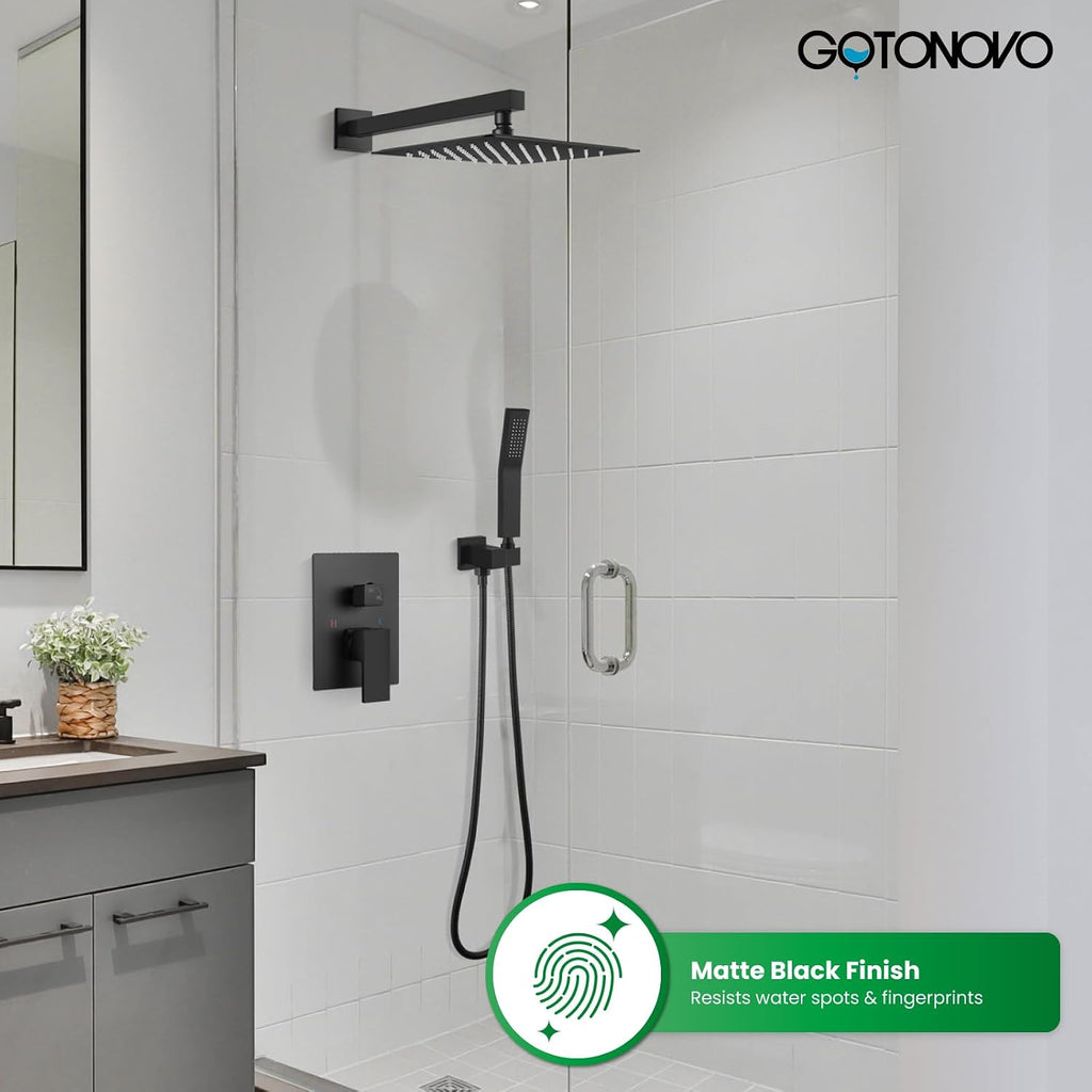 gotonovo Rainfall Bathroom Shower System Wall Mounted Pressure Balancing Valve 12 Inch with gotonovo 4 Inch Centerset Waterfall Bathroom Sink Faucet Deck Mount 2 Handle with Pop Up Drain Matte Black