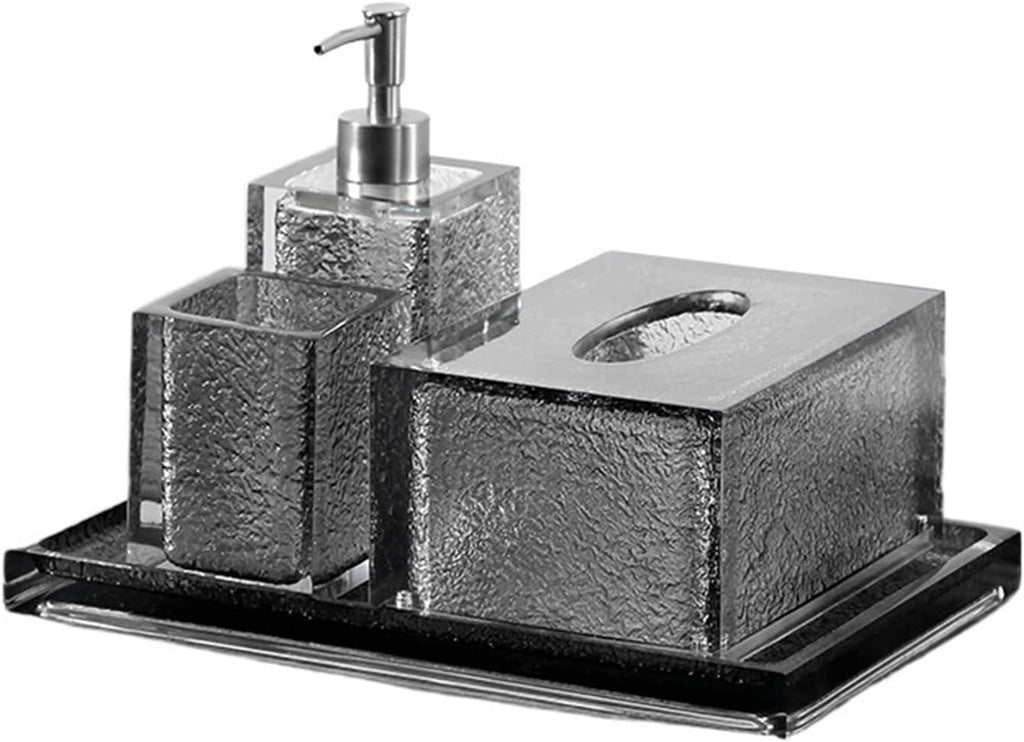 Soap Dispenser Black Translucent Resin Bathroom Accessory Set, 4 Pieces Bathroom Accessories Complete Set Vanity Countertop Accessory Set, Includes Soap Dispenser, Cup, Tissue Box and Tray Soap Dispen