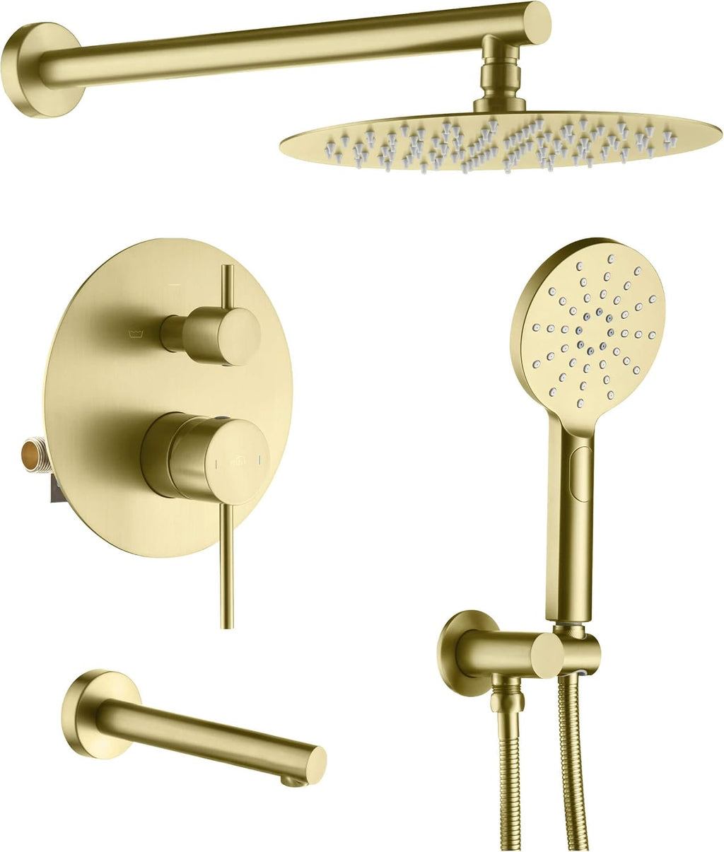 KIBI Circular Bathroom Shower System | 3-Function Wall Mounted Shower Faucet Set with Solid Brass Pressure Balanced Valve | Three Hand Shower Modes | 15-inch Long Shower Arm | Brushed Gold (KSF404)