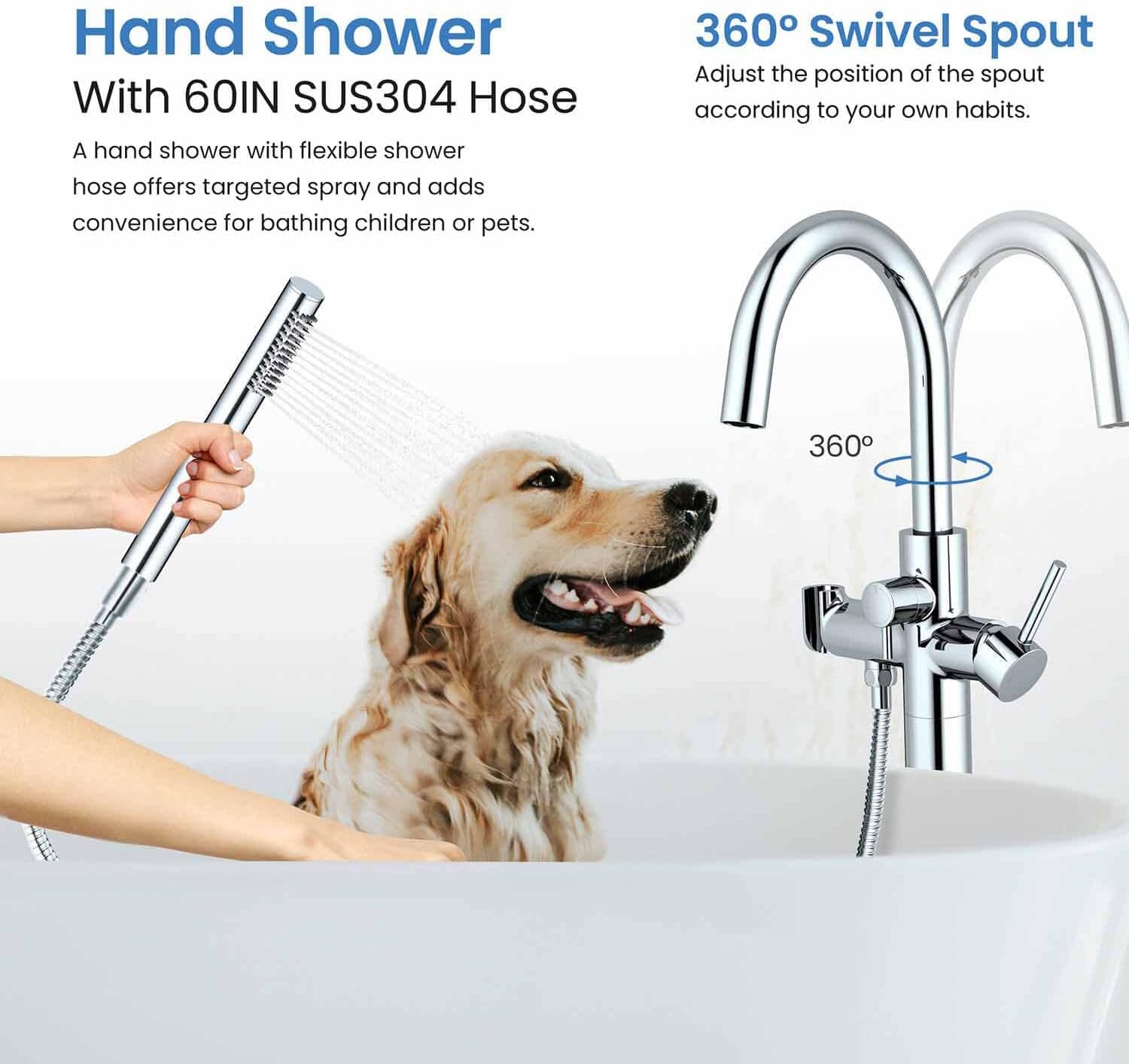 KIBI Circular Floor Mount Bathtub Faucet with Hand Shower | Single Handle Freestanding Tub Filler | Modern Bath Faucet | Chrome Finish | Solid Brass | KTF301
