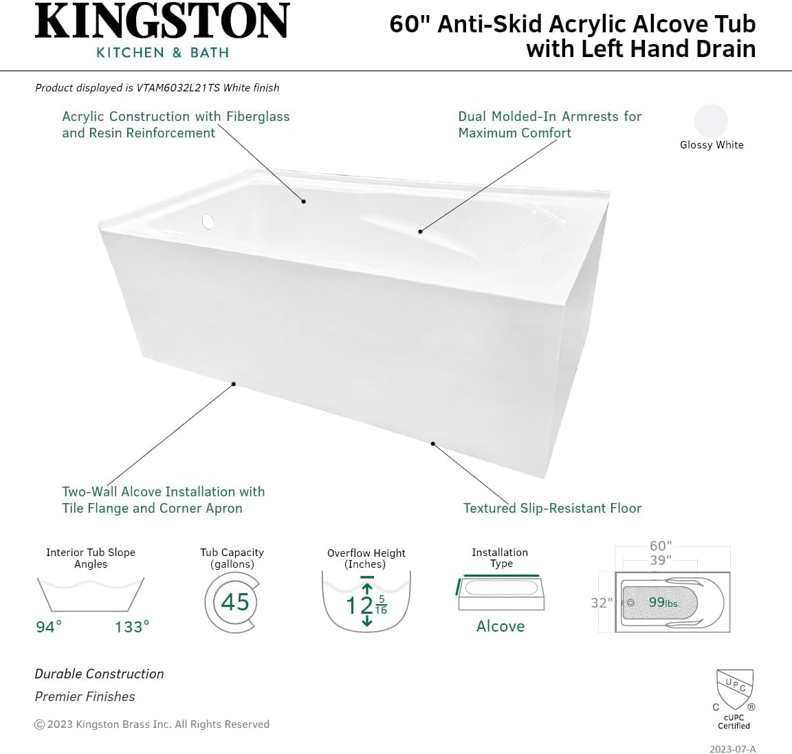 Aqua Eden VTAM6032L21TS 60-Inch Acrylic 2-Wall Corner Alcove Tub with Left Hand Drain, White
