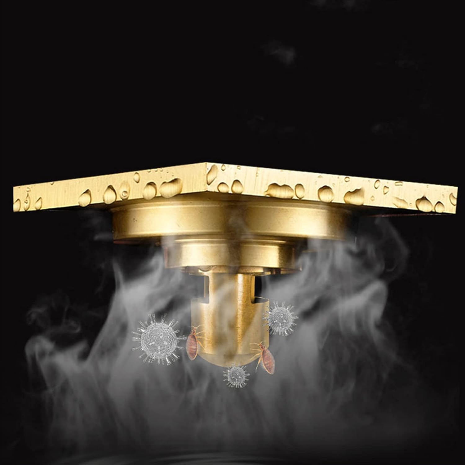 Square Shower Drain with Hair Strainer Brass Floor Drain for Kitchen Washroom Garage Basement Gold Finish 4 Inch