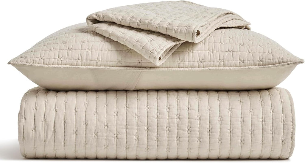 EVERGRACE Cross Stitch Pre-Washed Cotton Quilt Bedding Set Queen Size, Oversized 3 Pieces Lightweight Bedspread Coverlet for All Season, with 2 Matching Shams, Flax Beige, 92'x96'