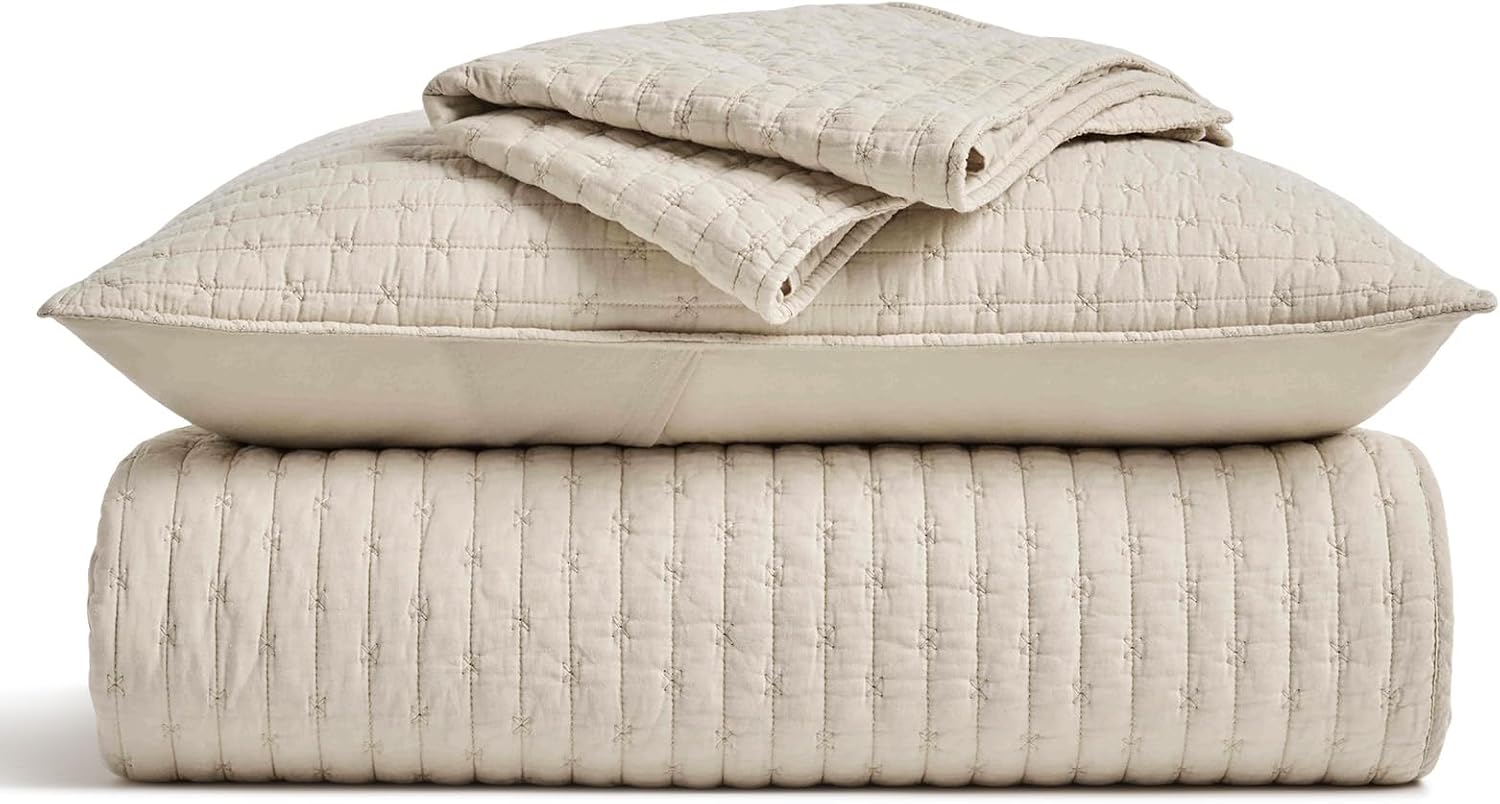 EVERGRACE Cross Stitch Pre-Washed Cotton Quilt Bedding Set Queen Size, Oversized 3 Pieces Lightweight Bedspread Coverlet for All Season, with 2 Matching Shams, Flax Beige, 92'x96'