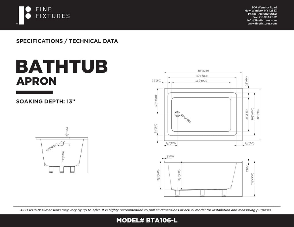 Fine Fixtures Acrylic, Fiberglass Alcove Soaking Bathtub with Integral Apron Front - Drain Included (48' x 32', Left Hand, Black)
