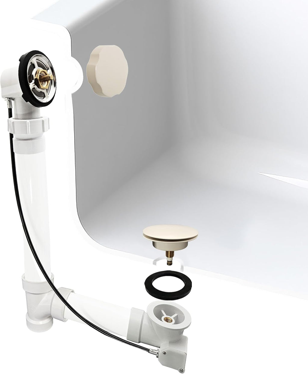 Westbrass A50P35BJ-65 1-1/2' Sch. 40 PVC 35' Cable Driven Bath Waste Kit with Ball Joint Head and Brass Trim Drain Kit, Biscuit