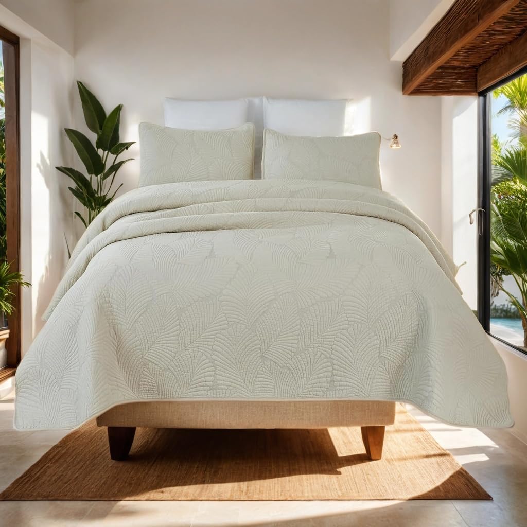 Brandream Beige Palm Stitch Quilt Set 100% Cotton King Size Luxury Embroidered Palm Leaf Bedding, Premium Hand-Stitched Tropical Quilt Set 3-Piece