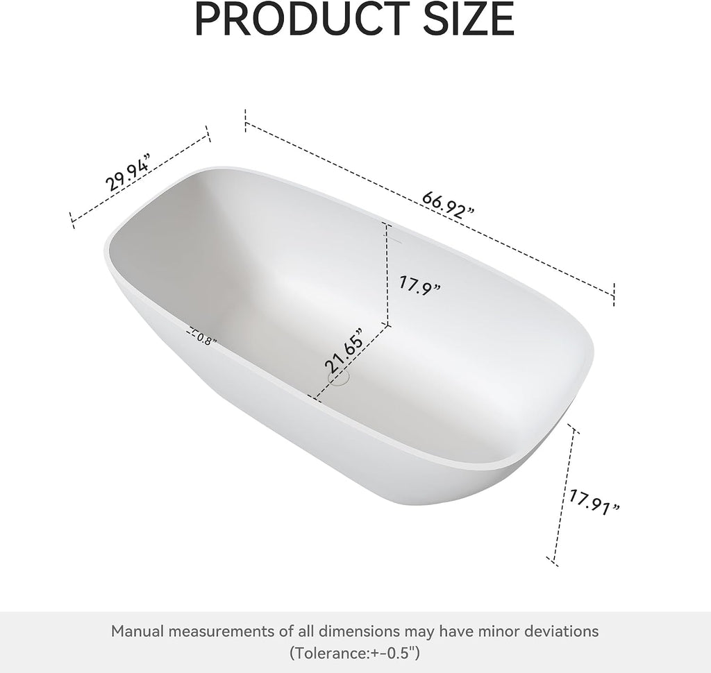 67' Premium Solid Surface Freestanding Bathtub, Upgraded Modern Design Stand Alone Tub with Overflow and Pop-up Drain, Matte White