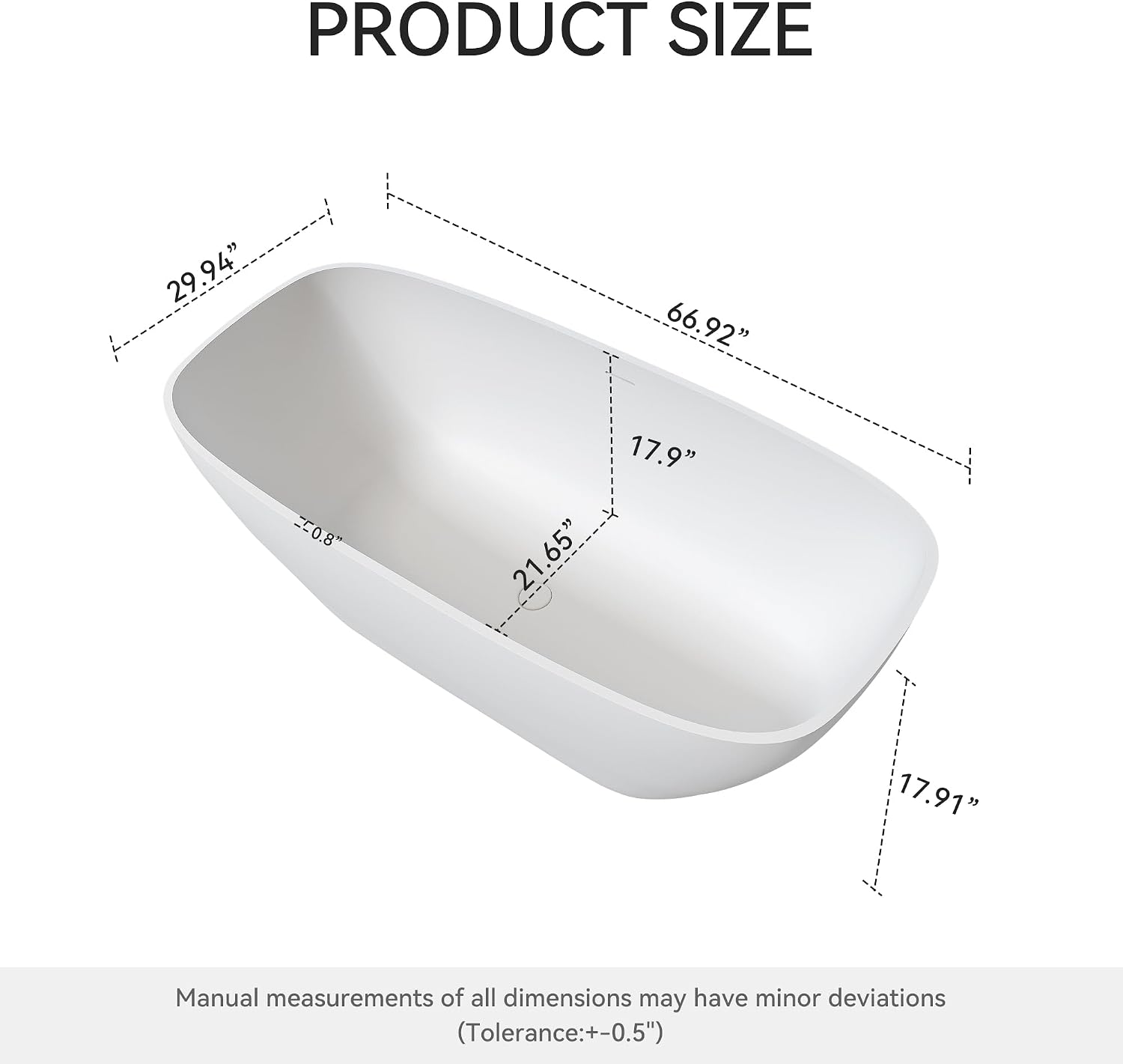 67' Premium Solid Surface Freestanding Bathtub, Upgraded Modern Design Stand Alone Tub with Overflow and Pop-up Drain, Matte White