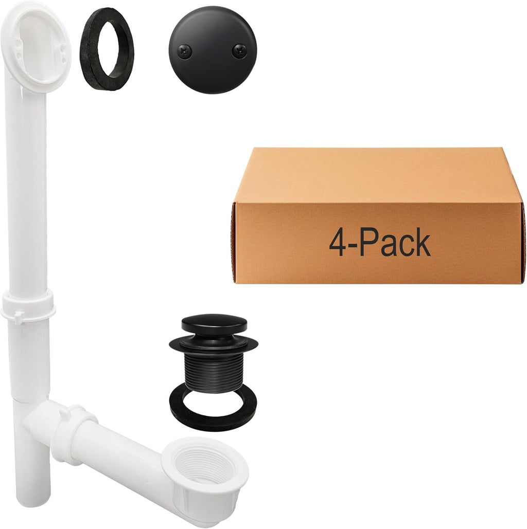 Westbrass 593244-4-62 14' x 1-1/2' White Tubular Bathtub Waste & Overflow Assembly with Tip-Toe Drain Plug and 2-Hole Faceplate, 4-Pack, Matte Black, 4 Count