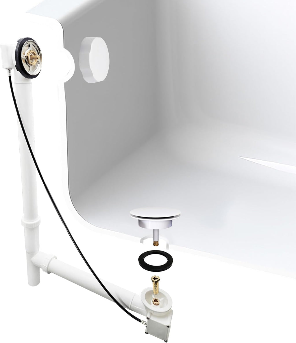 Westbrass A50P27TLE-50 27' Cable Drive Bath Drain Trim Kit with Rotary Overflow Cover Knob, European Stopper and Poly Tubular Pipes, White