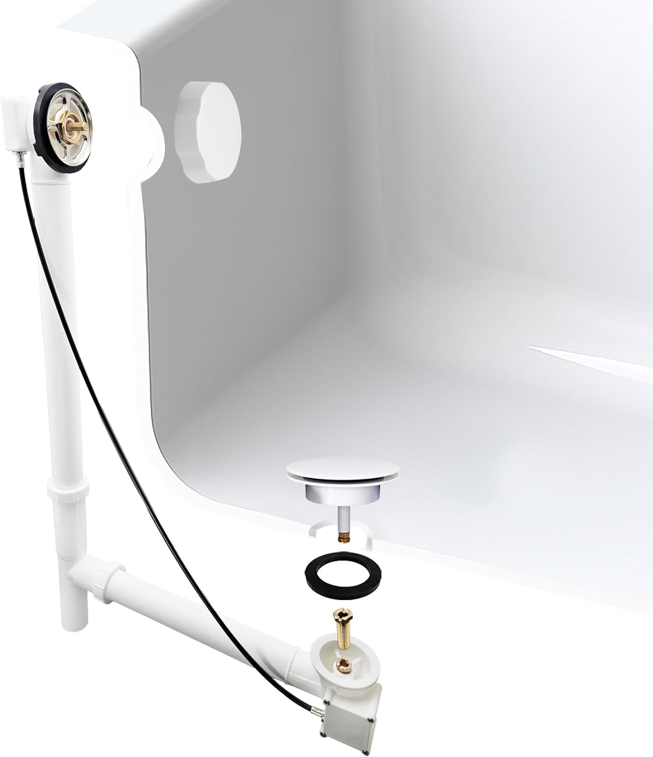 Westbrass A50P35TLE-50 35' Cable Drive Bath Drain Trim Kit with Rotary Overflow Cover Knob, European Stopper and Poly Tubular Pipes, White