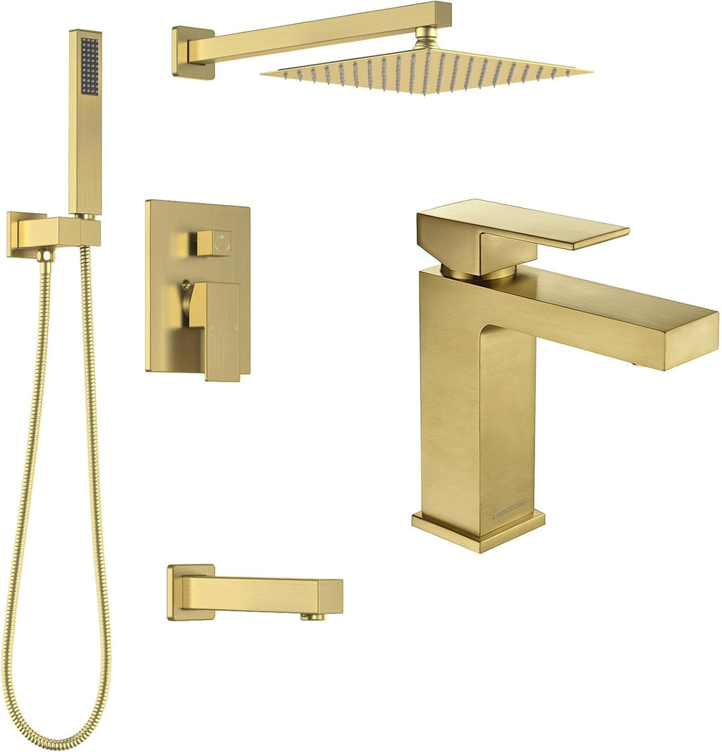 Lava Odoro 3-Setting Tub and Shower Faucet Set with Bathroom Faucet, Brushed Gold