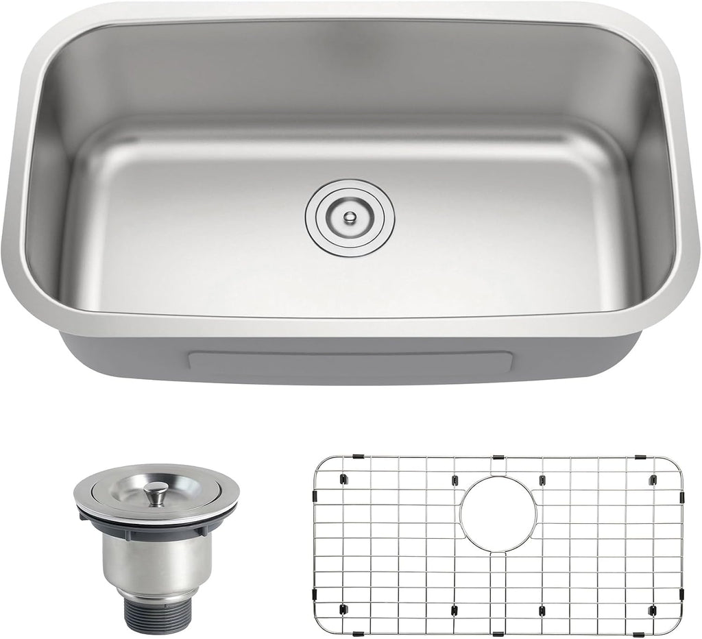 32 Inch Undermount Kitchen Sink 18 Gauge Stainless Steel Spacious Single Bowl Curved Shape Round Corner Deep Sinks with Basket Strainer and Bottom Grid 32' x 18' x 9'