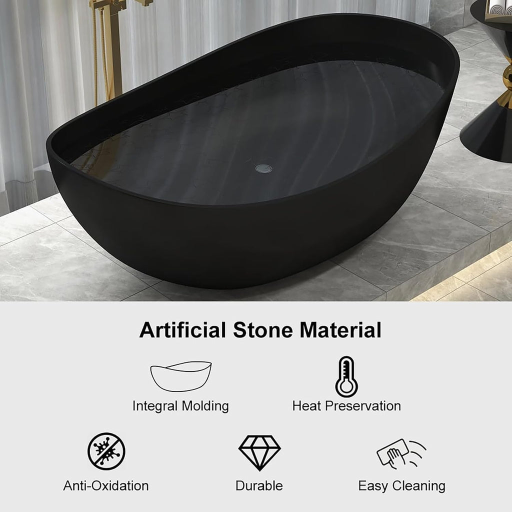 Freestanding 71 Inch Oval Bathtub Stone Resin Soaking Bathtub with Center Drain (Black)