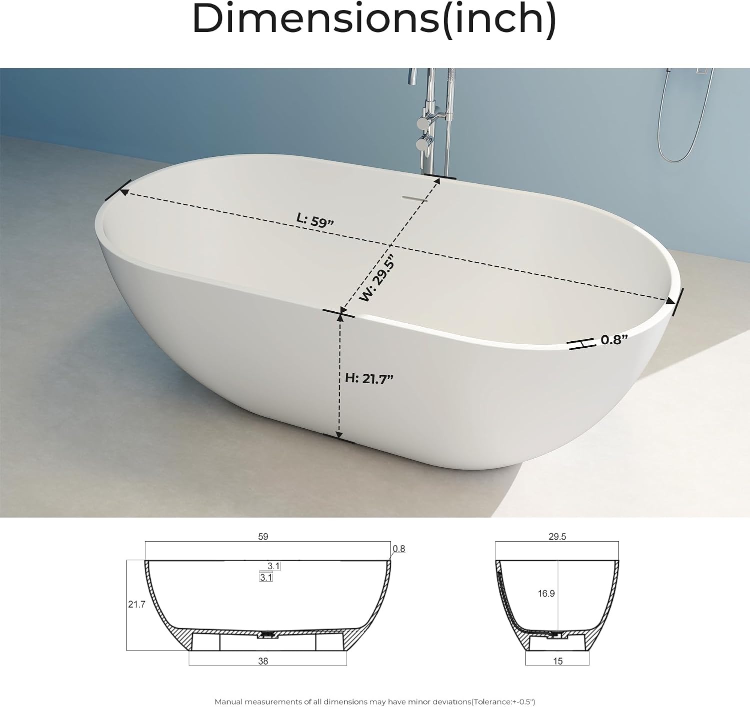 Premium 59' Solid Surface Freestanding Bathtub, Upgraded Oval Stone Resin Tub with Overflow and Pop-up Drain, Matte White