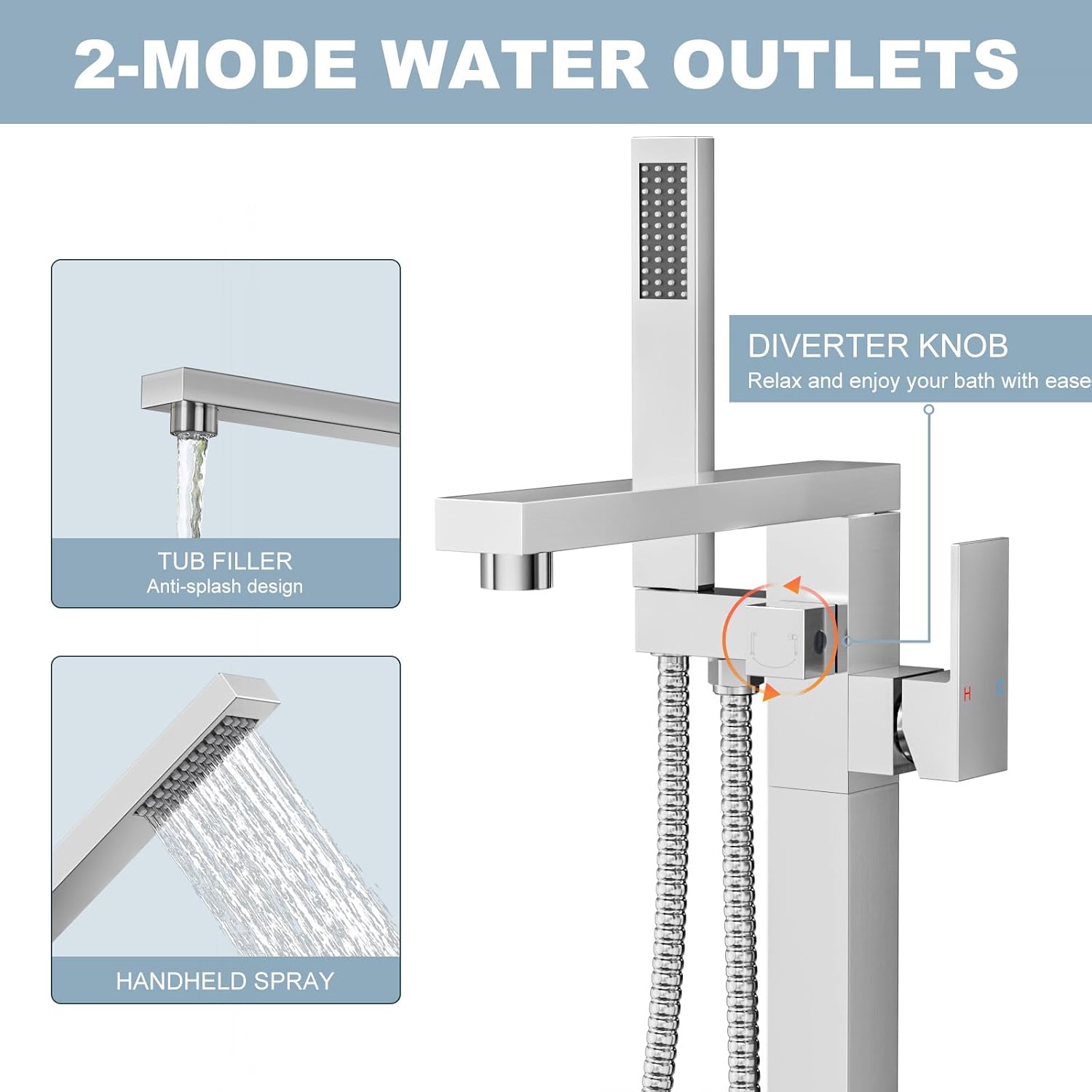 Free Standing Tub Faucet Brushed Nickel,Freestanding Bathtub Faucet For Luxury Bathtub,High Flow Tub Filler,Swivel Spout Brass Construction with Handheld Shower