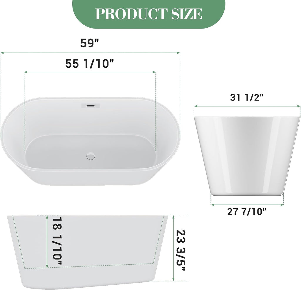 59 Inch Freestanding Bathtub Acrylic Free Standing Tub with Chrome Drain & Overflow, Ergonomic Stand Alone Tub for Small Bathroom or Home Spa