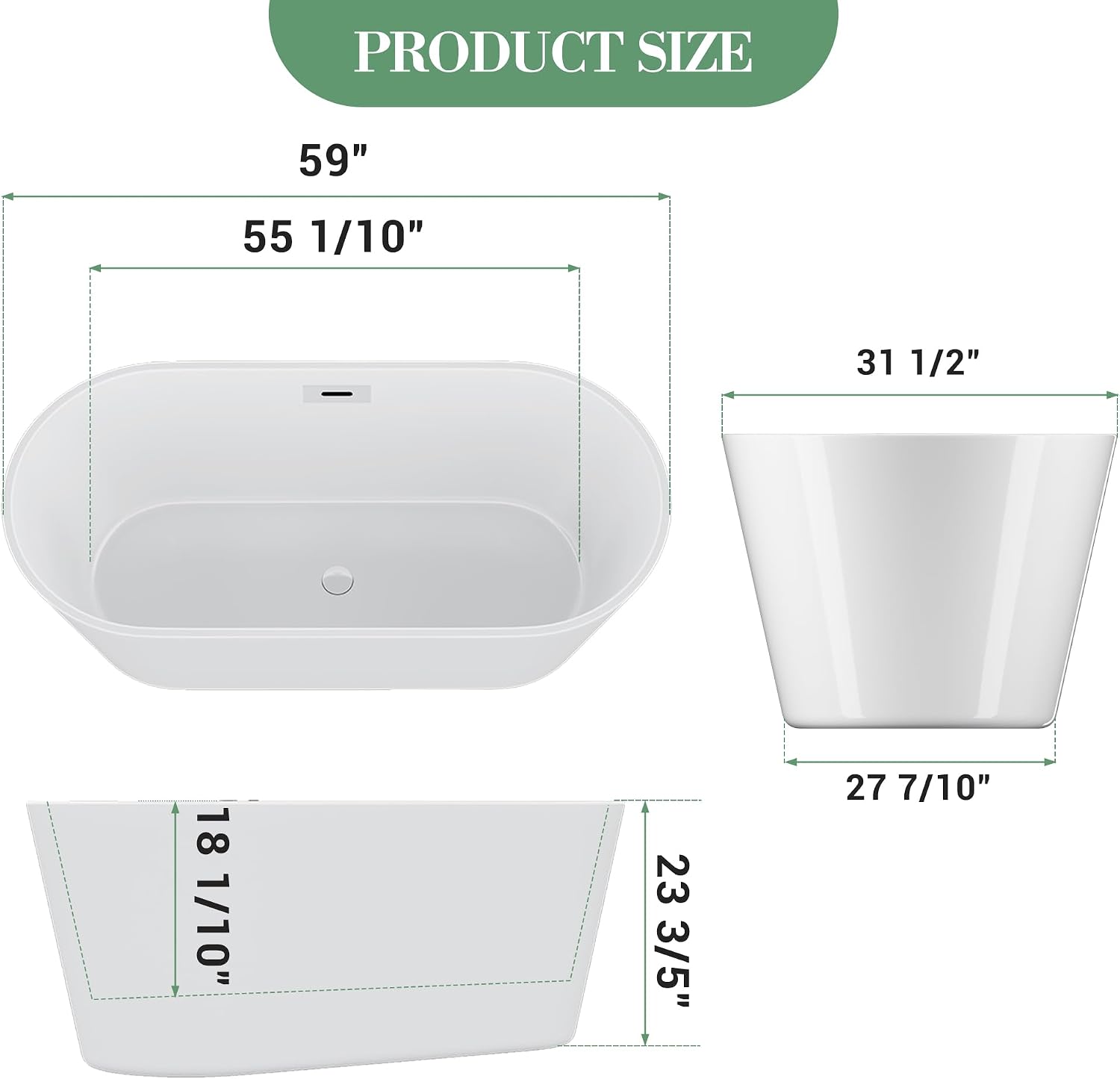 59 Inch Freestanding Bathtub Acrylic Free Standing Tub with Chrome Drain & Overflow, Ergonomic Stand Alone Tub for Small Bathroom or Home Spa