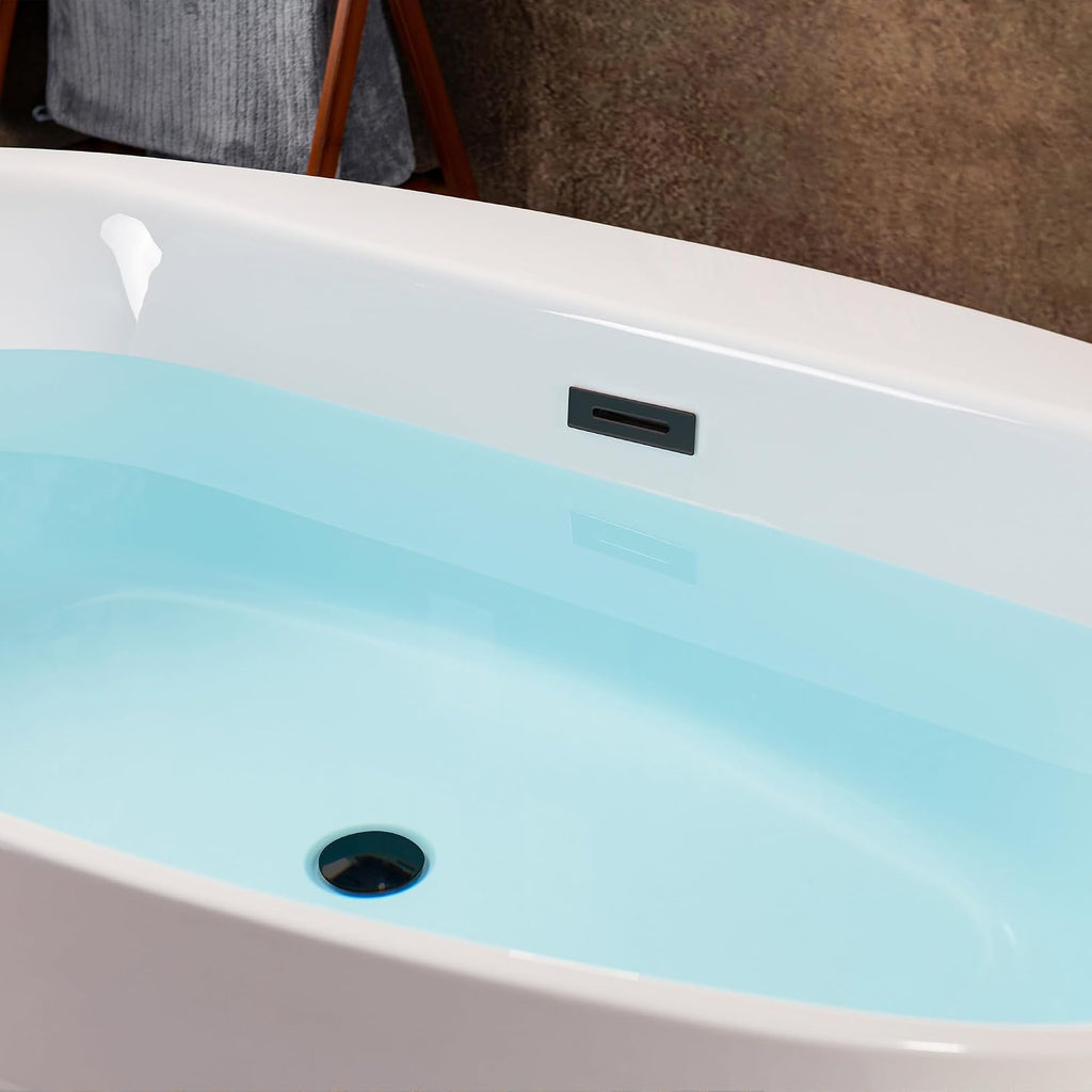 WOODBRIDGE 66' Acrylic Freestanding Bathtub Contemporary Soaking White Tub with Matte Black Overflow and Drain，B0027-MB