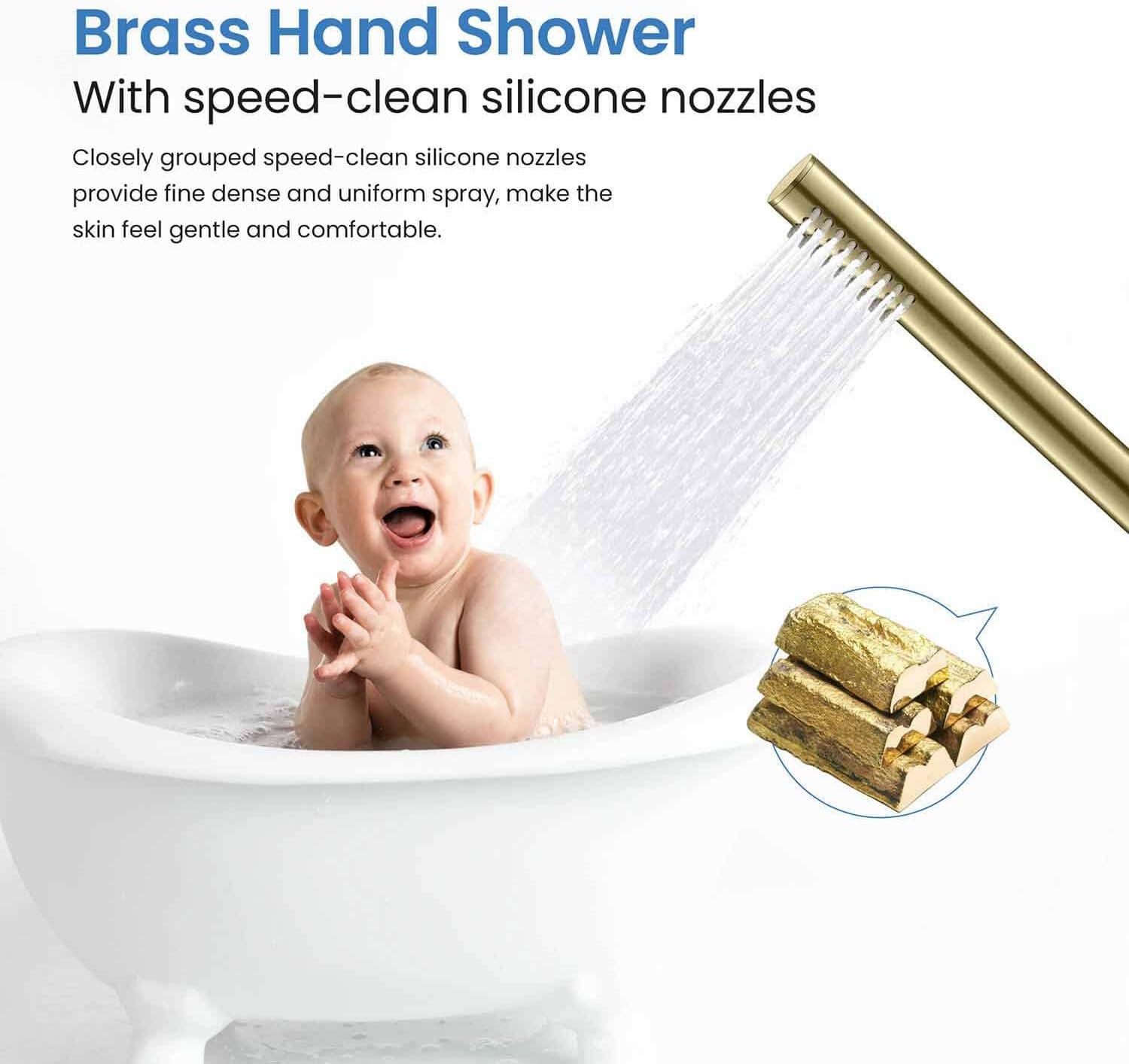KIBI Circular Floor Mount Bathtub Faucet with Hand Shower | Single Handle Freestanding Tub Filler | Modern Bath Faucet | Brushed Gold Finish | Solid Brass | KTF301