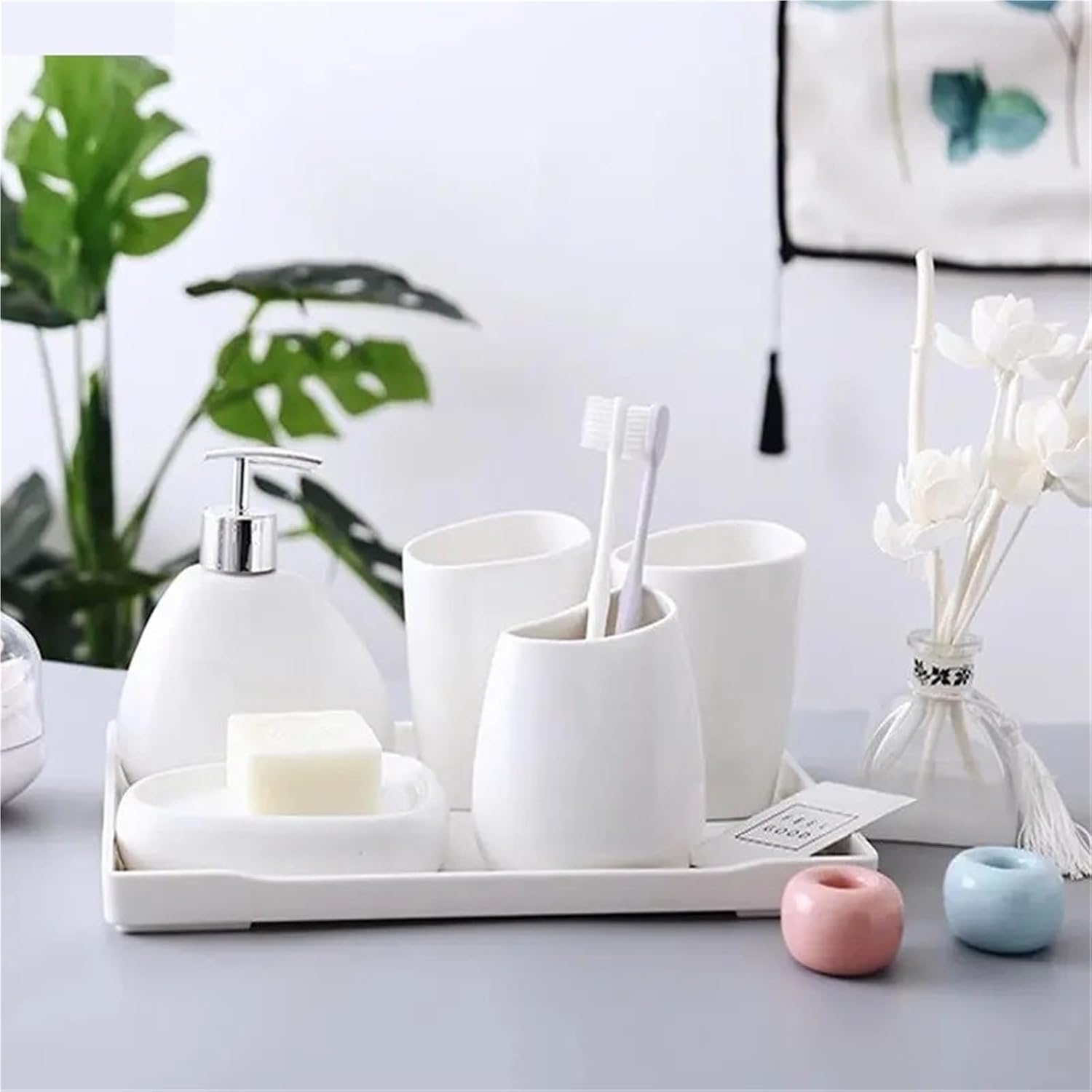 Bathroom Soap Dispenser Set Ceramic Bathroom Accessories Set Soap Dispenser Toothbrush Holder Toothbrush Cup Soap Box Tray Toilet Brush Bathroom Supplies(White)