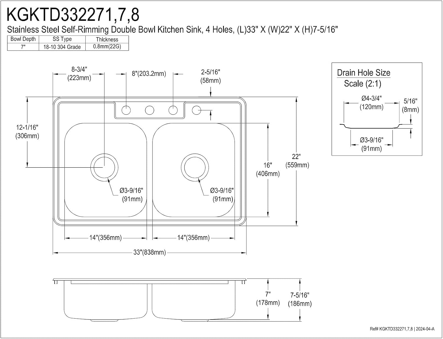 Kingston Brass Studio KGKTD332271 33' Stainless Steel Self-Rimming Double Bowl Drop-In Kitchen Sink with 4-Hole Drain and Strainer, Stainless Steel/Polished Chrome