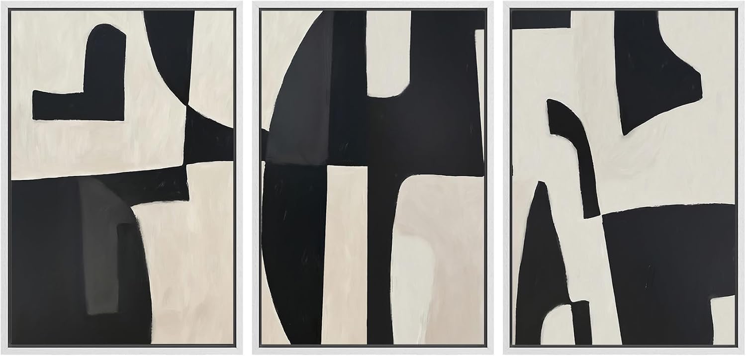 SIGNLEADER Framed Canvas Print Wall Art Set Black and Beige Abstract Shapes Modern Geometric Illustrations Boho Decorative for Living Room, Bedroom, Office - 16'x24'x3 White