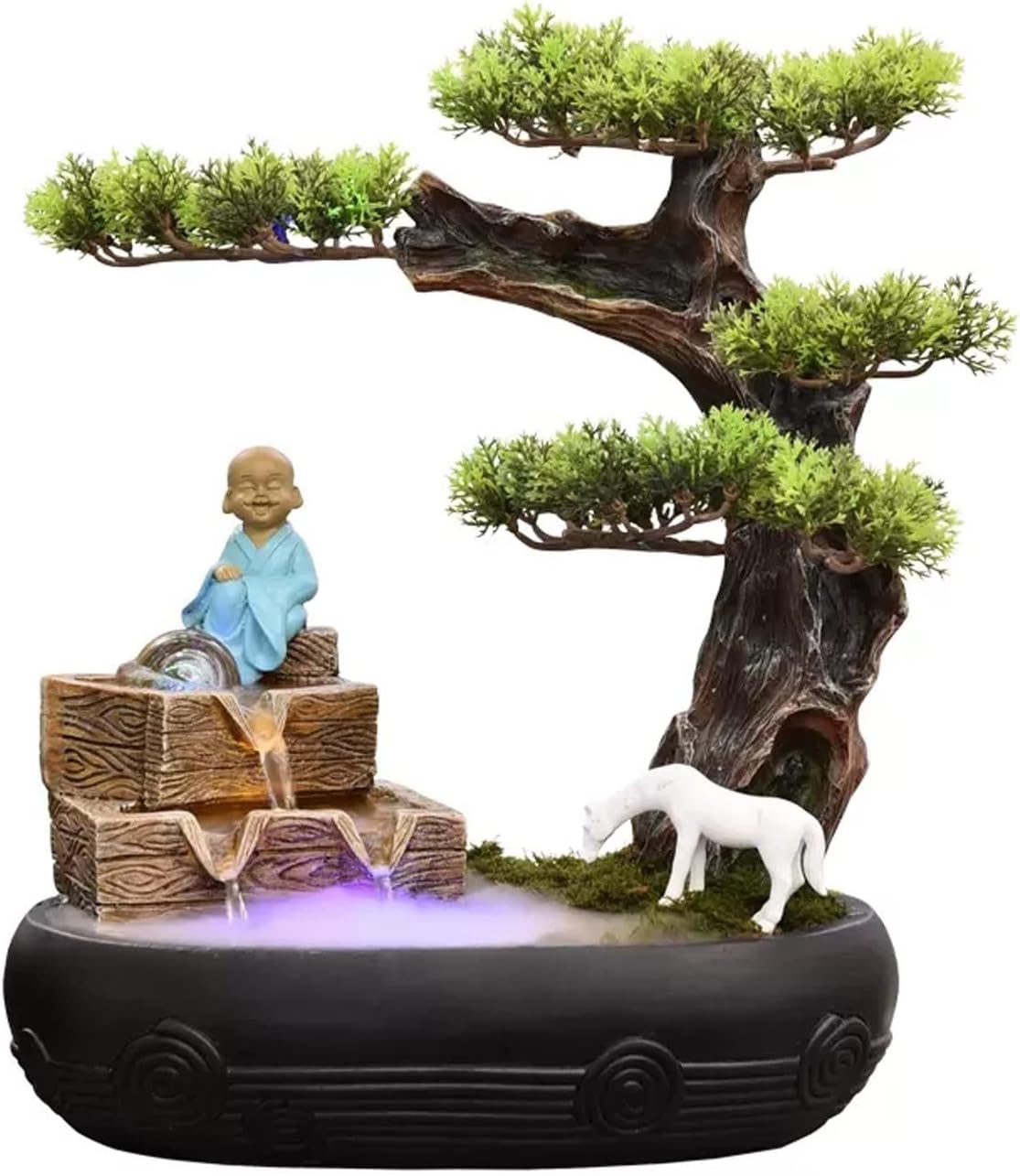 HIHELO Desktop Fountain Resin Indoor Fountain, Artificial Tree Buddha Statue Tabletop Fountain with Roller Ball, Home Office Desktop Decoration Zen Fountain Water Fountain Outdoor