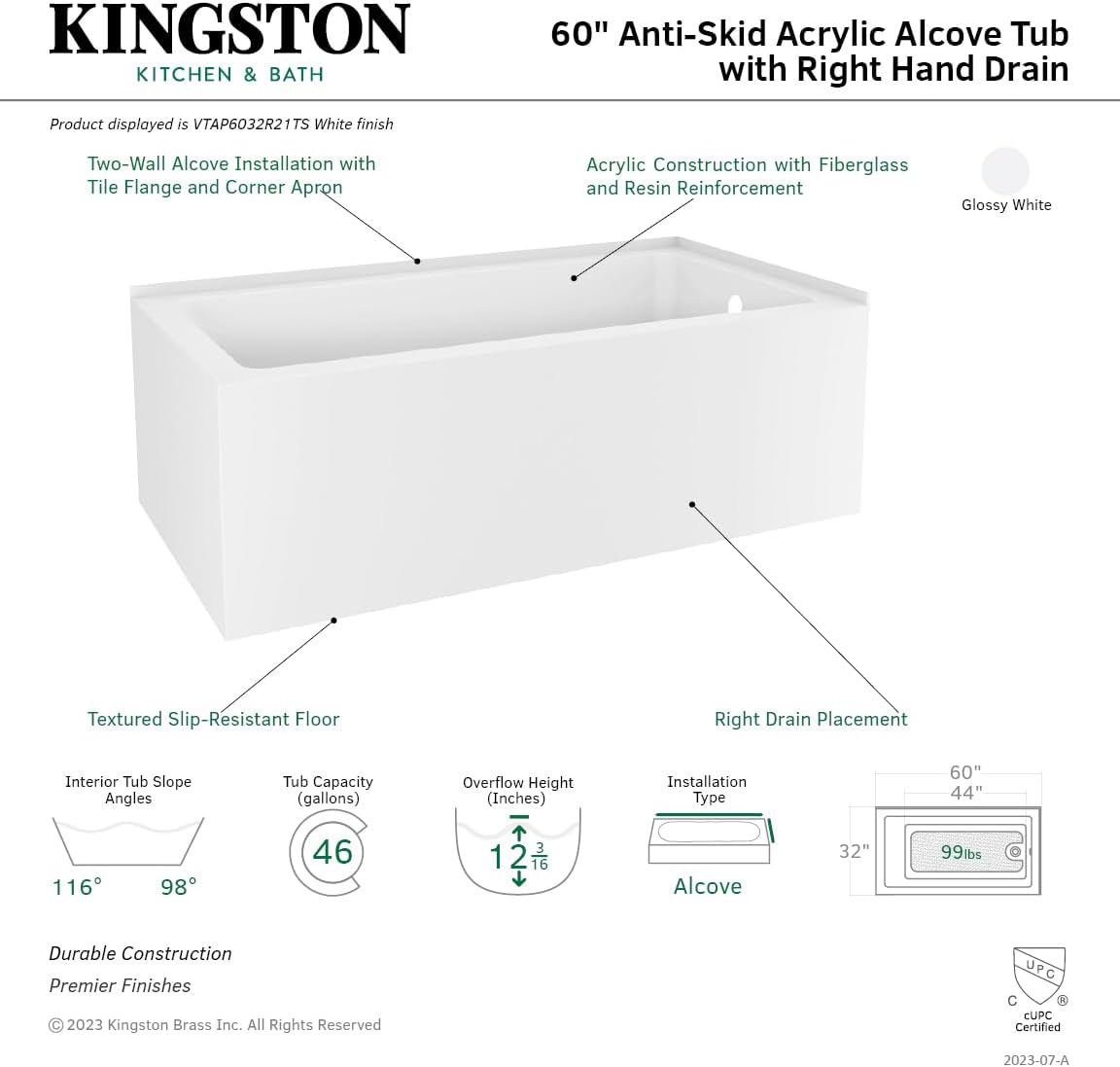 Aqua Eden VTAP6032R21TS 60-Inch Acrylic 2-Wall Corner Alcove Tub with Right Hand Drain, White